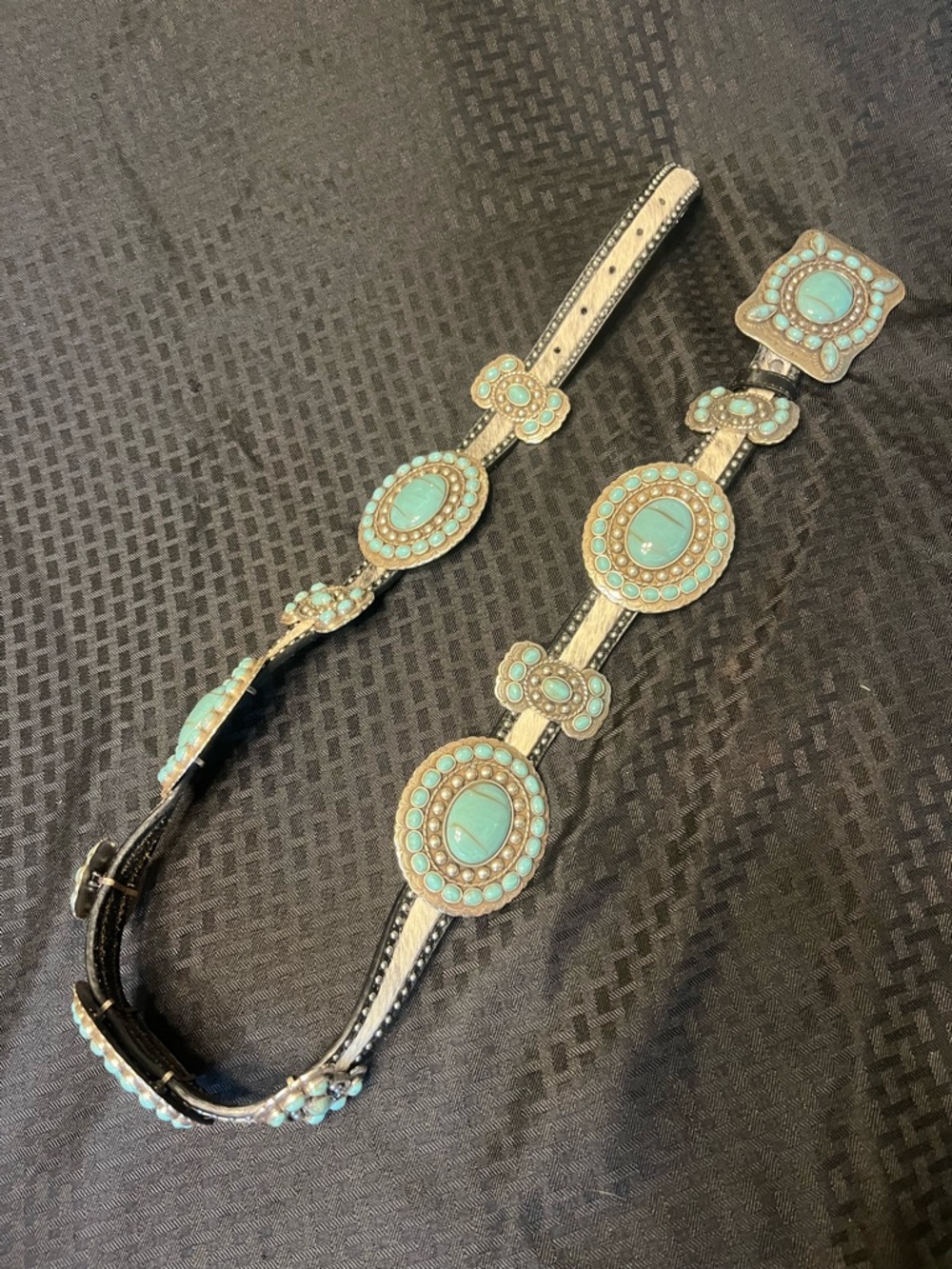 SSM numbered Cowhide adjustable Belt with Silver/Faux Turqoise Conchos